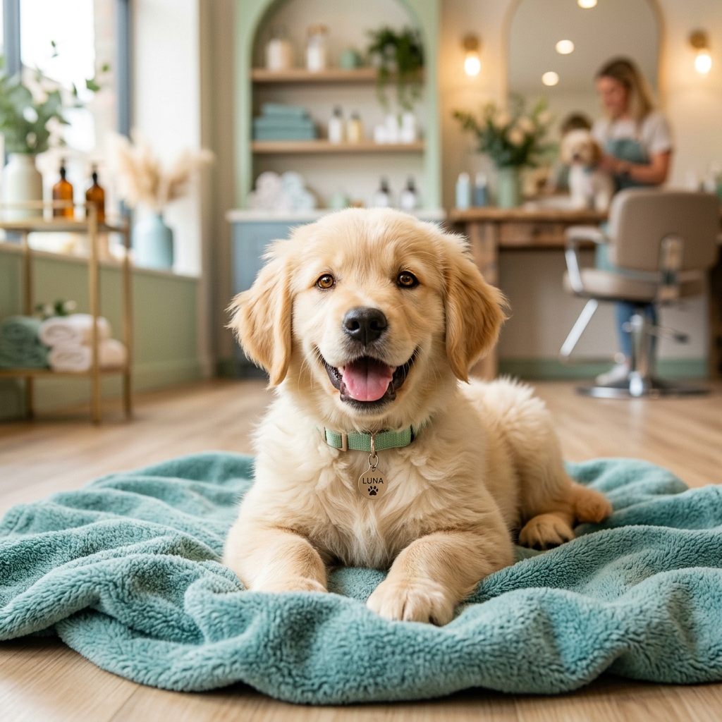 Golden Retriever feliz após um banho de spa